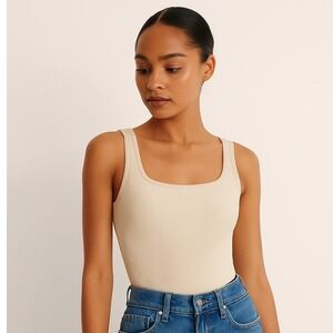 Neutral Ribbed Seamless Medium‎ Bodysuit Top | Capsule Wardrobe Essential Beige